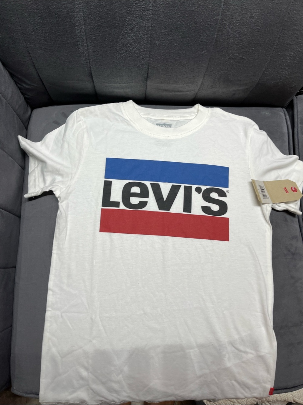 Levi's White Tee with Blue and Red Stripe Logo